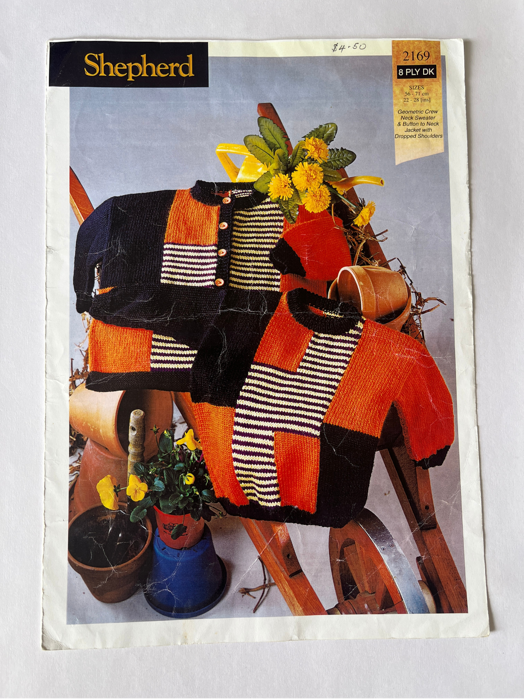 Vintage Shepherd Knitting Pattern 2169 - Geometric Crew Neck Sweater & Jacket, 8 Ply DK, 22-28in