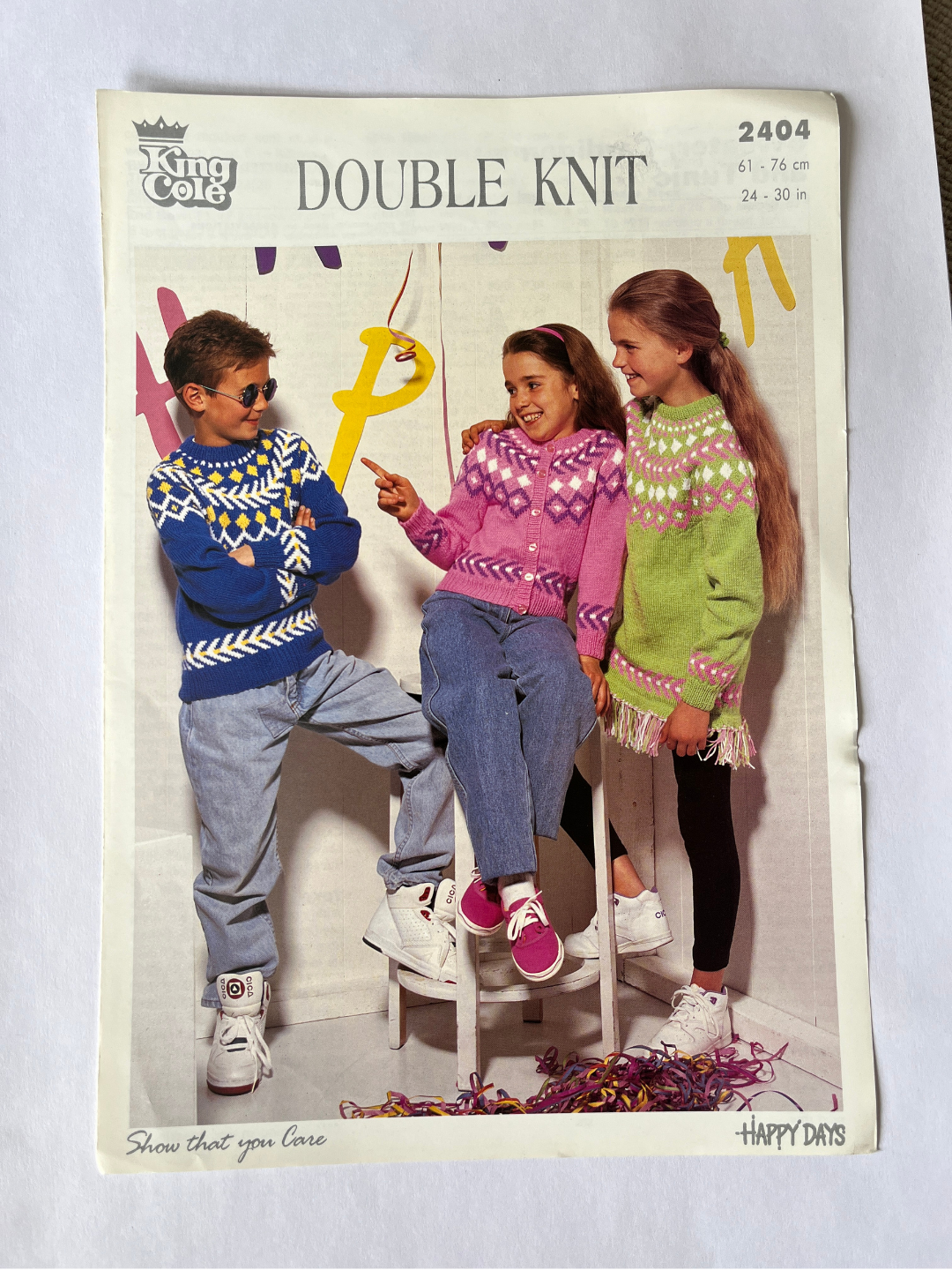 Vintage King Cole Knitting Pattern 2404 'Happy Days' - Kids' Fair Isle Sweaters, Double Knit, 24-30in