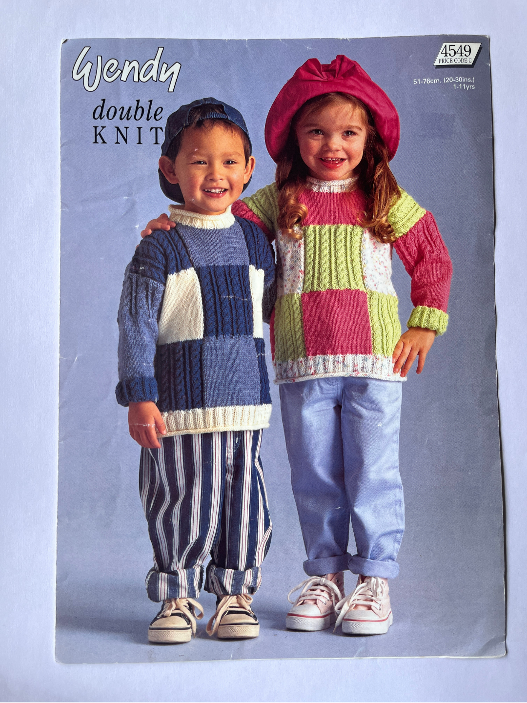 Vintage Wendy Knitting Pattern 4549 - Kids' Patchwork Cable Sweater, Double Knit, 1-11 Years